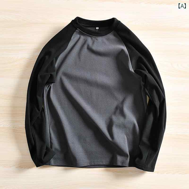 フォークBRのメンズ Tシャツ 長袖 大きいサイズ ルーズフィット 切り替え ヒートテック 保暖 秋冬 コットンライク ポリエステル 深グレー ホワイト カーキ ブラウン グリーン ラウンドネック ベースレイヤー ゆったりトップス 暖かインナー 厚手 伸縮性 吸湿速乾｜アングル2