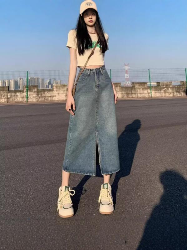 乐天商城 - デニム スカート 女性用 春夏 高腰 デニム スカート ストレート ゆったり Aライン 中長丈 半身スカート 綿 混紡 ポリエステル 混紡 無地 ポケット 付き 気質 通勤 スタイル 快適 ゆったり シルエット 軽量 素材 復古 カラー XS S M L