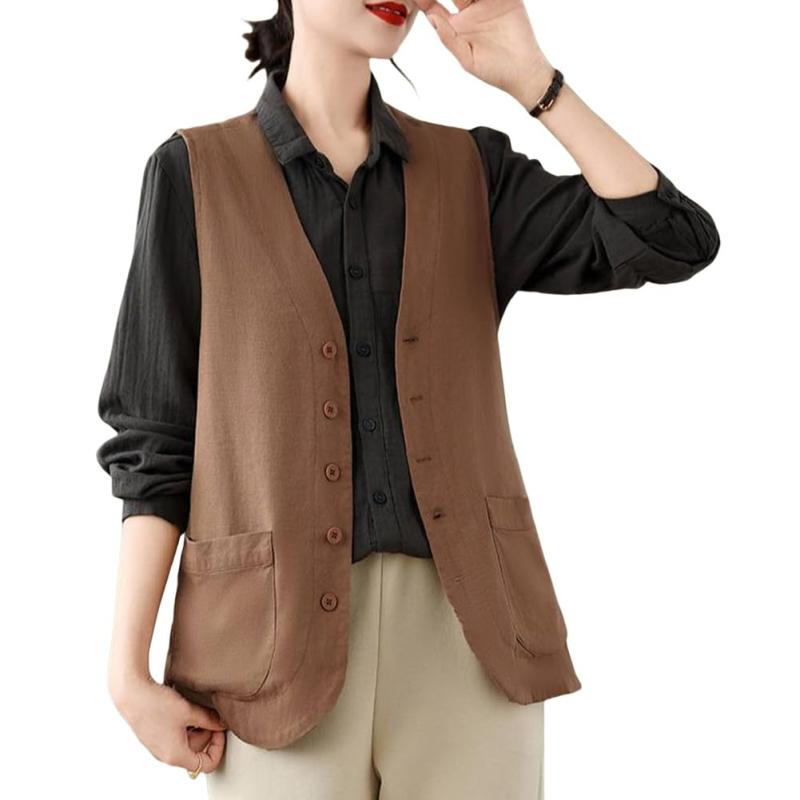 [EDREES] ベスト レディース おしゃれ サマーベスト ノースリーブ チョッキ vネック カジュアル ジレベスト トップス 大きいサイズ リネンコットン チョッキ 着瘦せ 体型カバー カーディガン