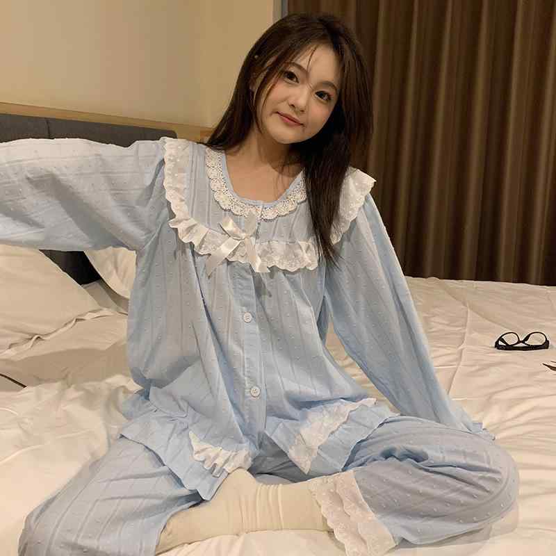 パジャマ レディース 春夏 秋冬 綿 長袖 開衫 セット レース かわいい プリンセス風 可外穿 透気 快適 居家服 長パンツ 翻領 ミドルウェイト 青年女性 ユース カジュアル トップス ボトムス 室内着 外出着 寝間着