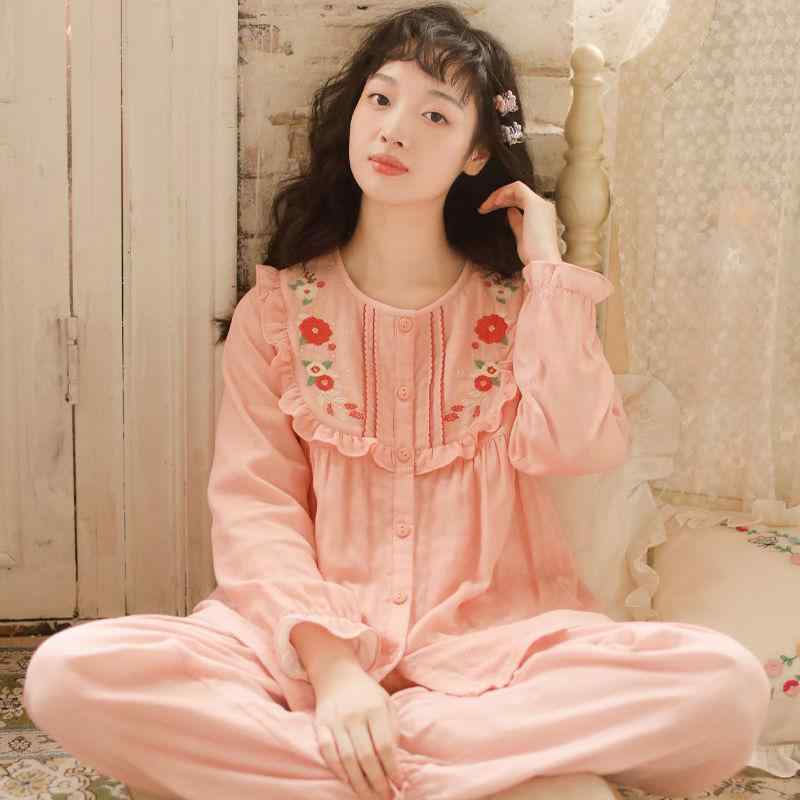 長袖 綿 ホームウェア 女性 春秋冬 少女用 セット 刺繍 プリンセス風 透気性 丸首 長ズボン シンプル カジュアル 居家 リラックス インナー トップス ボトムス 軽量 柔らかい かわいい ピンク系