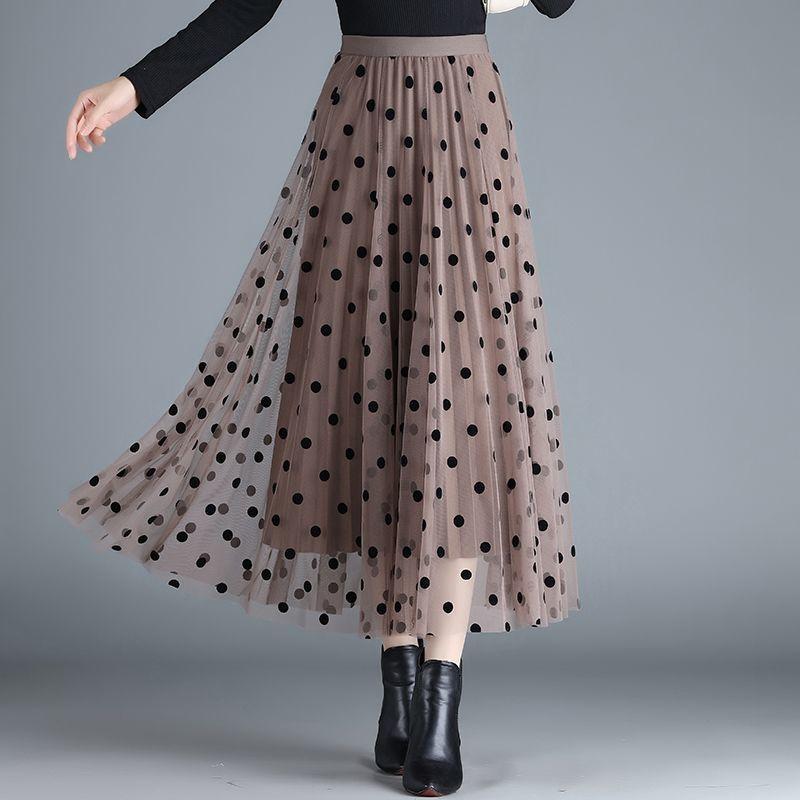 Rakuten - スカート 女性用 波点柄 網ヤーン 半身スカート 中長丈 高腰 スリム効果 プリーツスカート 大きめフレア ロングスカート PVC素材 植绒加工 ブラック ブラウン バタフライ柄 中弾性 私服 ガーリースタイル 軽量 通勤 普段使い 春夏