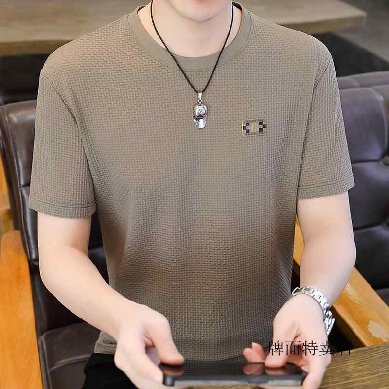 乐天商城 - メンズ Tシャツ 半袖 短袖 トップス 男性用 丸首 提花 格子柄 純色 ワイドフィット ゆったりシルエット 夏用 春夏 薄手 軽量 透気性 速乾 抗菌 接触冷感 綿混紡 再生繊維 ビジネス カジュアル 普段使い 通勤 都市スタイル 青少年向け 成人男性