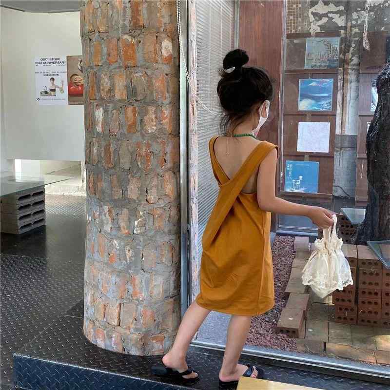 Dresses - 女児 ワンピース 夏 吊り下げスカート 背心スカート かわいい 韓国風 不規則 デザイン 後ろ背中 クロス ストラップ Aライン 綿 柔軟 接触冷感 ピュアカラー 南瓜色 3〜8歳 100〜140cm 通学 遊び着 軽量 吸湿速乾 ビッグシルエット 女の