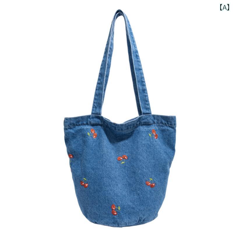 トートバッグ 女性用 牛仔布 大容量 帆布 刺繍 手提 ショルダー 縦型 方形 ソフト ジッパー 開閉 ダブル肩紐 通勤 日常 都市 シンプル ミックスカラー ステッチ 切り替え 浅ブルー ダークブルー ブラック 夏