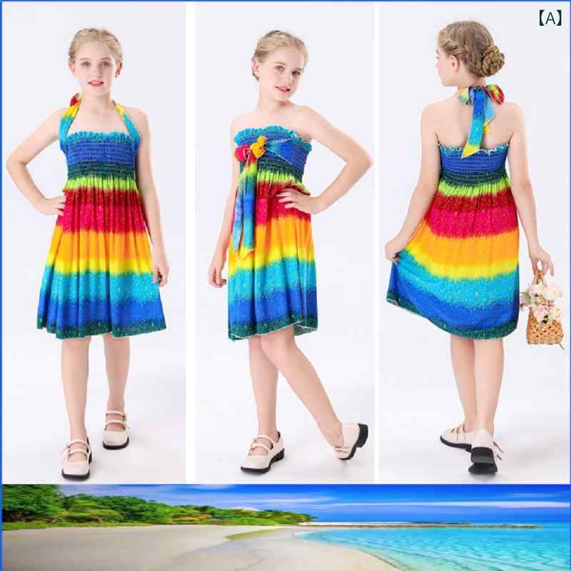 Dresses - 女児 夏 無袖 吊り紐 ワンピース スカート 子供 ビーチ ドレス ハルネ ボヘミアン スタイル コットン 素材 接触冷感 機能 Aライン スカート プリント 柄 花柄 ドット 迷彩 抽象 柄 カラフル デザイン 女の子 かわいい 普段使い 外出 遊園地