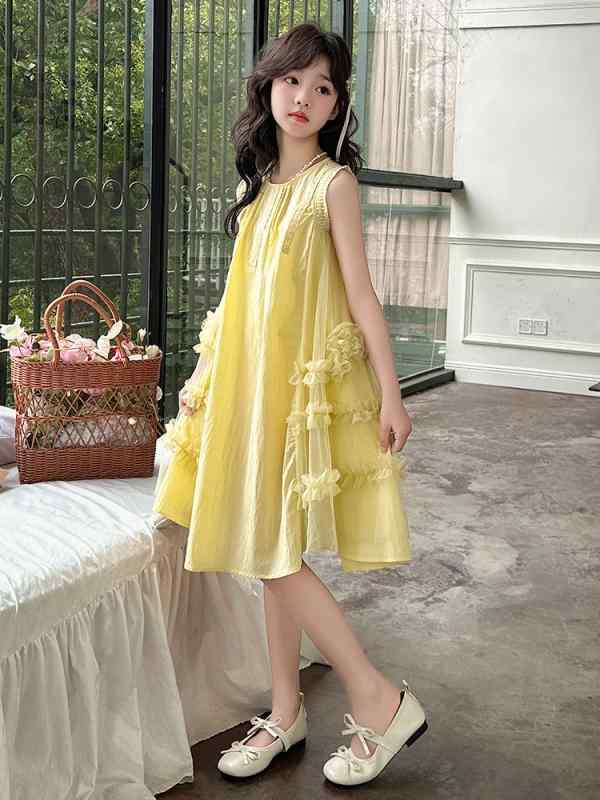 Dresses - 女の子 ワンピース キッズ 夏用 ノースリーブ ゆったり Aライン スカート 綿混紡 柔軟素材 黄色 かわいい 切り替え デザイン 接触冷感 軽量 吸湿速乾 プリンセス風 女児 背心型 トップス ガールズ ファッション 通学 普段使い ビッグシルエット