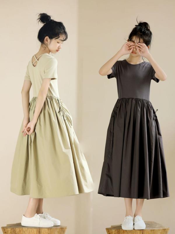 Dresses - 女児 ドレス ワンピース キッズ 女の子 長丈 ウエスト切り替え 大きめスカート 短袖 ストレッチ ポケット ドローストリング スリム フレア スカート 綿100 柔らかい 生地 無地 プレーツ スカート 夏 グレー 系統 緑 系統 カジュアル 日常使い