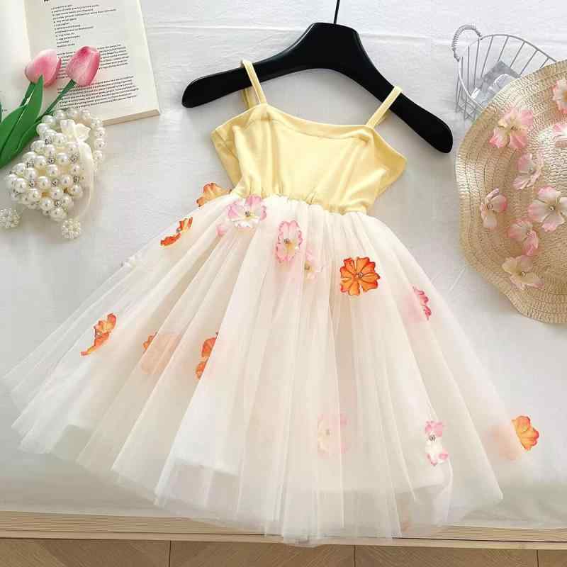 Dresses - 女の子 ワンピース 吊り帯 無袖 Aライン 立体花柄 プリンセス スカート 綿素材 柔らかい 春夏 夏用 かわいい 子供服 女児 3-8歳 黄色 帽子付き 通気性 軽量 日常遊び 花柄デザイン 女の子向け