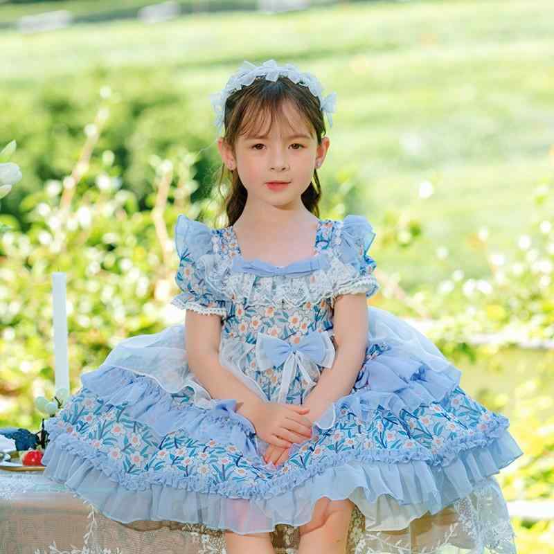 女児 ワンピース ロリータ スカート 女の子 子供服 夏 春夏 フレア フレアスカート 短袖 雪紡 ポリエステル 綿 裏地 花柄 花柄プリント ブルー ブルー系 かわいい 軽量 通気性 吸湿速乾 フレアシルエット 荷葉辺 スカート 3〜8歳 100〜14