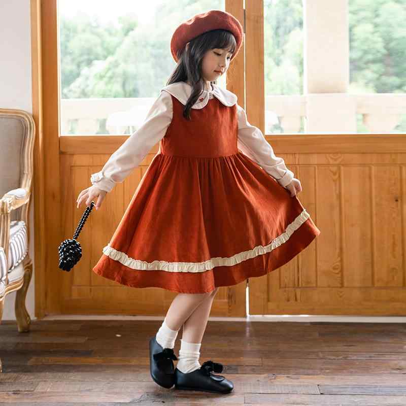 女児 ワンピース 秋冬 キッズ 女の子 背带スカート 厚手 灯芯绒 綿素材 プリンセススタイル かわいい 純色 赤 杏色 通年対応 暖か 柔らかい 実用 日常使い 120cm 130cm 140cm 150cm 160cm 170cm