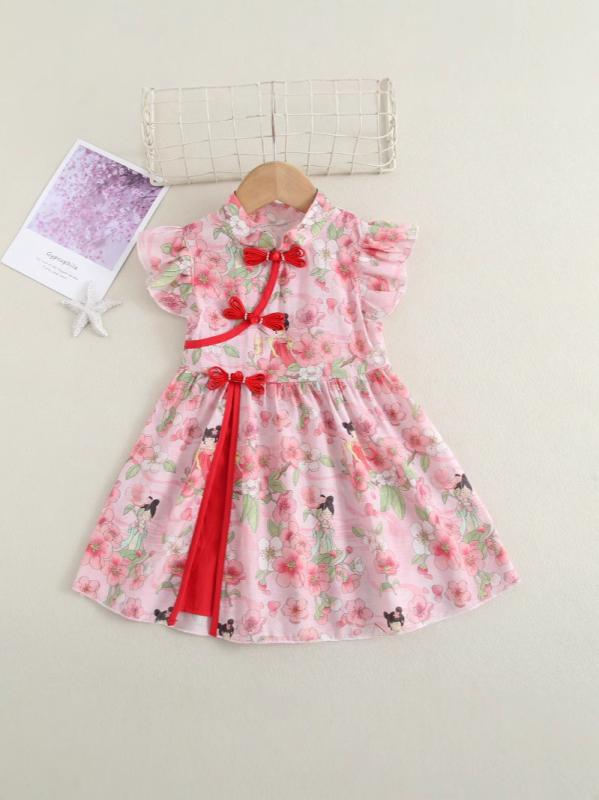 女児 ワンピース 夏 春夏 子供服 プリント 花柄 卡通 かわいい プリンセス スカート 女の子 チャイナドレス 切り替え デザイン 飛袖 フレア スカート 天竺 綿 ニルオン 混紡 接触冷感 吸湿速乾 軽量 通気性 紫ローズ ピーチ 赤 ピンク 3〜8