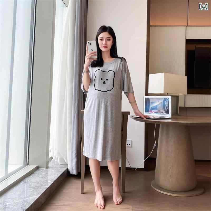 フォークBRのワンピース 授乳 マタニティ レディース 授乳服 産後 パジャマ 部屋着 ルームウェア 半袖 薄手 モダール 快適 春夏｜アングル2