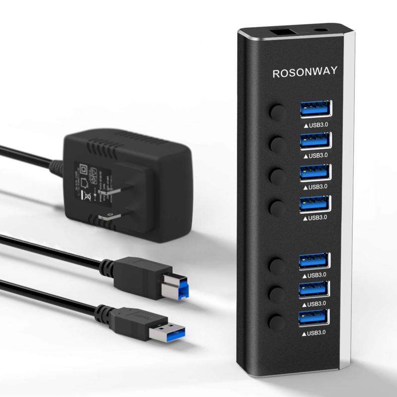 USBハブ 3.0 ROSONWAY アルミ製 7ポート USB3.0 Hub 24W電源付き バスパワーとセルフパワー両用 独立スイッチ 5Gbps高速転送、12V/2A ACアダプター(RSH-A37S)