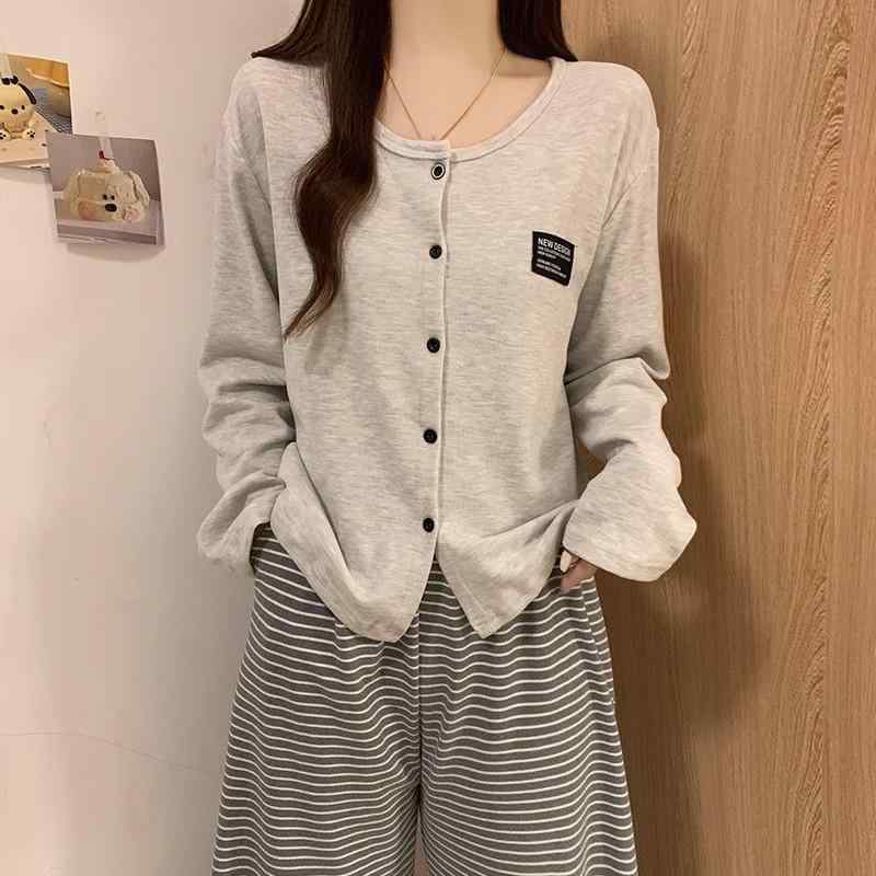 長袖パジャマセット 少女用 開衫 長ズボン 灰色 薄手 ポリエステル 透気性 弾力 抗...