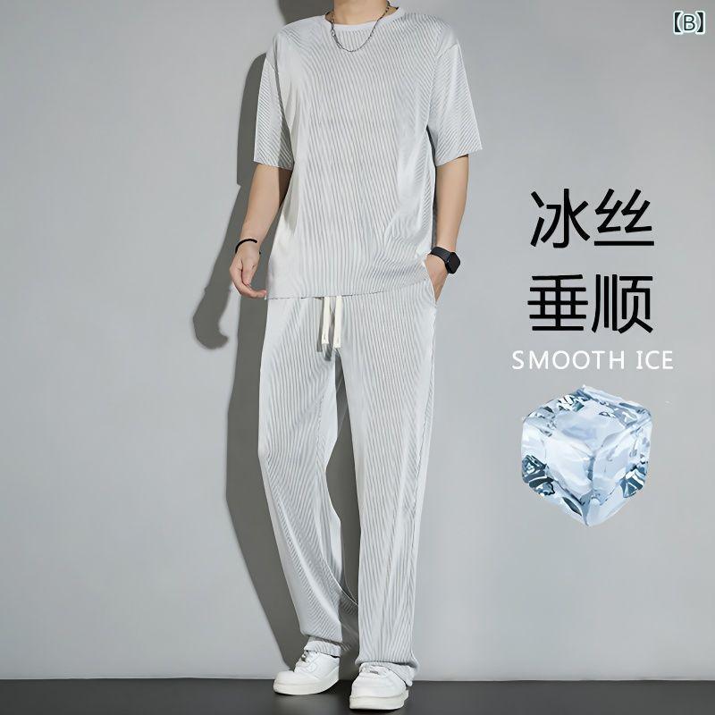 メンズ 運動 セットアップ 夏用 接触冷感 速乾 半袖 Tシャツ ロングパンツ 九分丈 ...