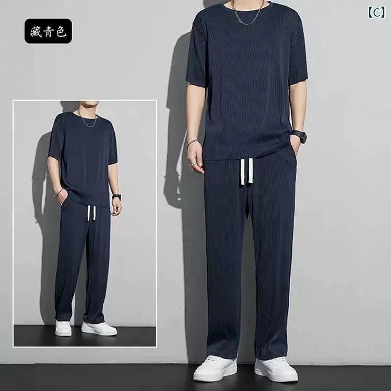 メンズ 運動 セットアップ 夏用 接触冷感 速乾 半袖 Tシャツ ロングパンツ 九分丈 ...