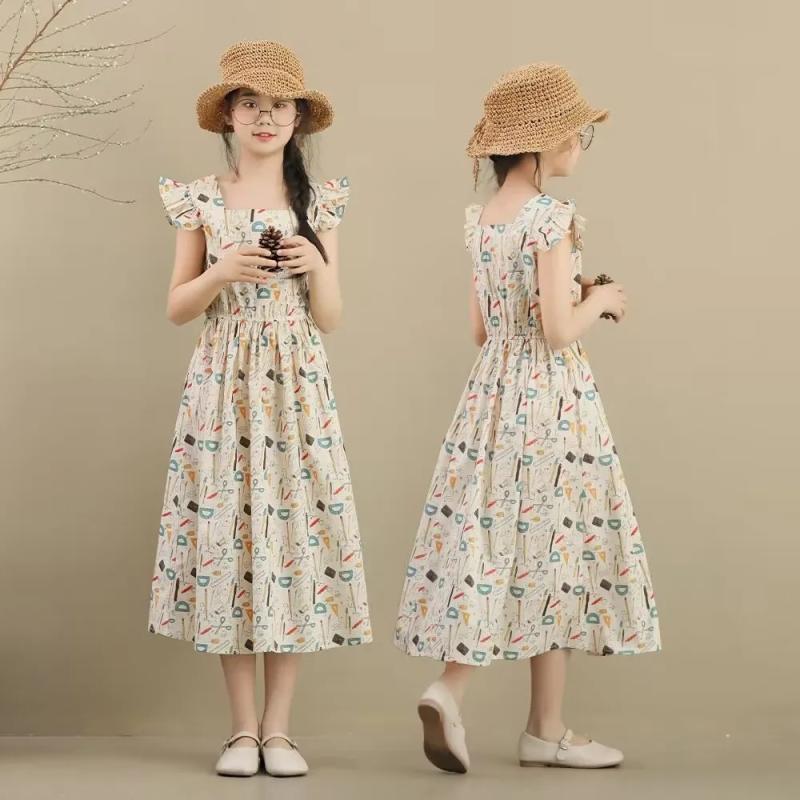 女児 ワンピース 夏 レディース キッズ 女の子 背心 吊り帯 A字 スカート プリント 花柄 フレア スカート ポリエステル 涼しい 軽量 吸湿速乾 通気性 杏色 カジュアル 普段使い 遊び着 女児向け ファッション フレッシュ プリンセス スタイル