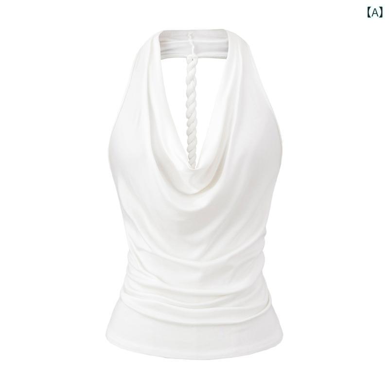 乐天商城 - トップス 女性用 ハングネック キャミソール 肩出し 無袖 Tシャツ 綿 伸縮性 修身 短丈 純色 夏 セクシー ストリート カラフル 軽量 通勤 普段使い デート ビッグシルエット 接触冷感 吸湿速乾 ブラック ホワイト ブルー レッド ベージュ