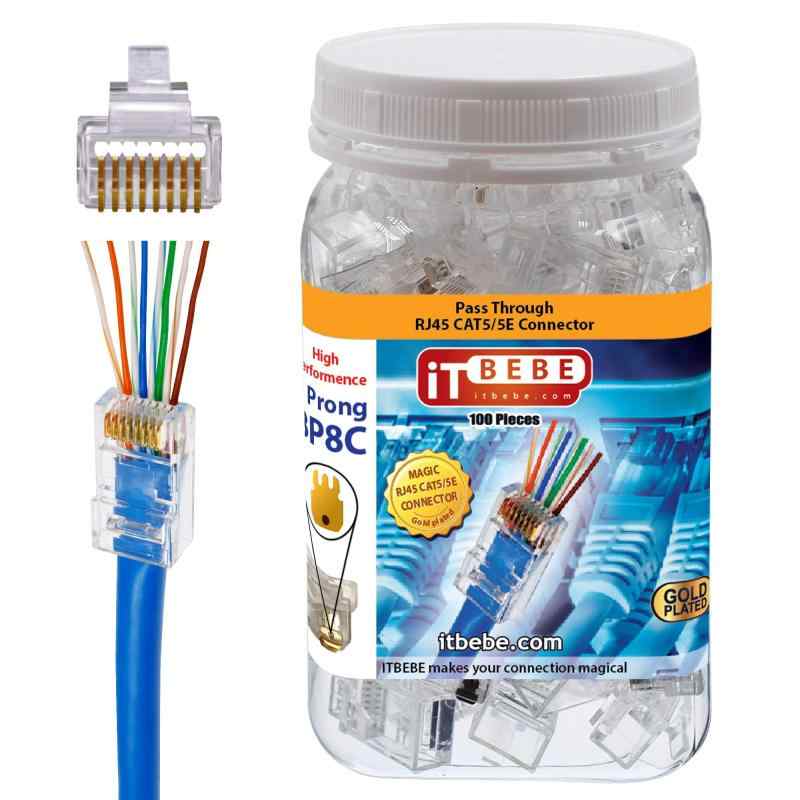 ITBEBE RJ45 パススルーコネクター Cat5/Cat5e 対応 – 100個入 | LANケーブル用モジュラープラグ | 24K金メッキ | 簡単DIYネットワーク構築