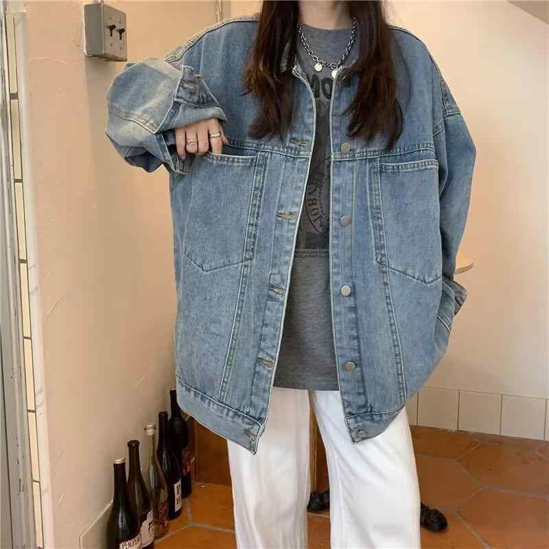 デニムジャケット 女性用 秋冬 復古 BF風 アルファベットプリント ゆったり デザイン トップス 綿素材 ロングスリーブ ラウンドネック ライトブルー 軽量 伸縮性