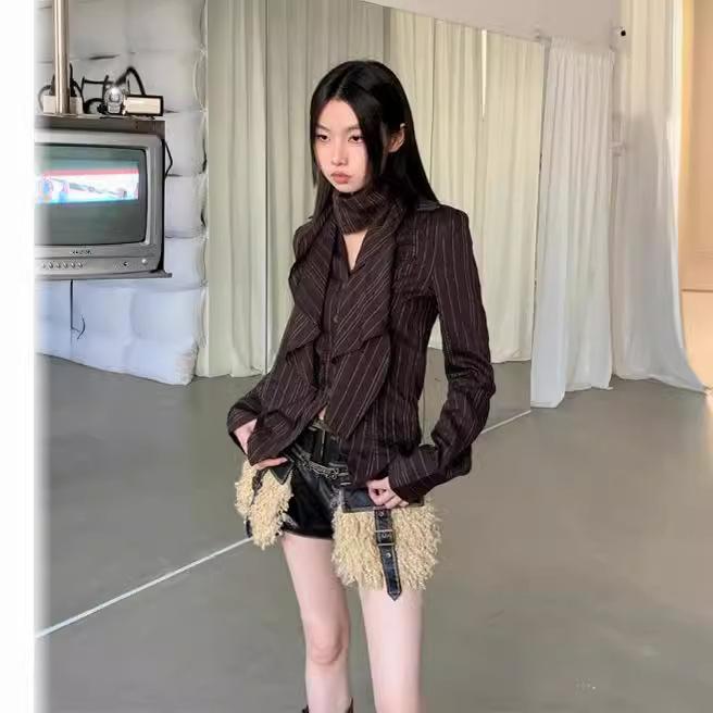 レディース 長袖 収腰 シャツ トップス 打底 上衣 修身 基本 条紋 切り替え コーヒー 都市 通勤 気質 春季 カジュアル ビジネス コットン 軽量 伸縮性