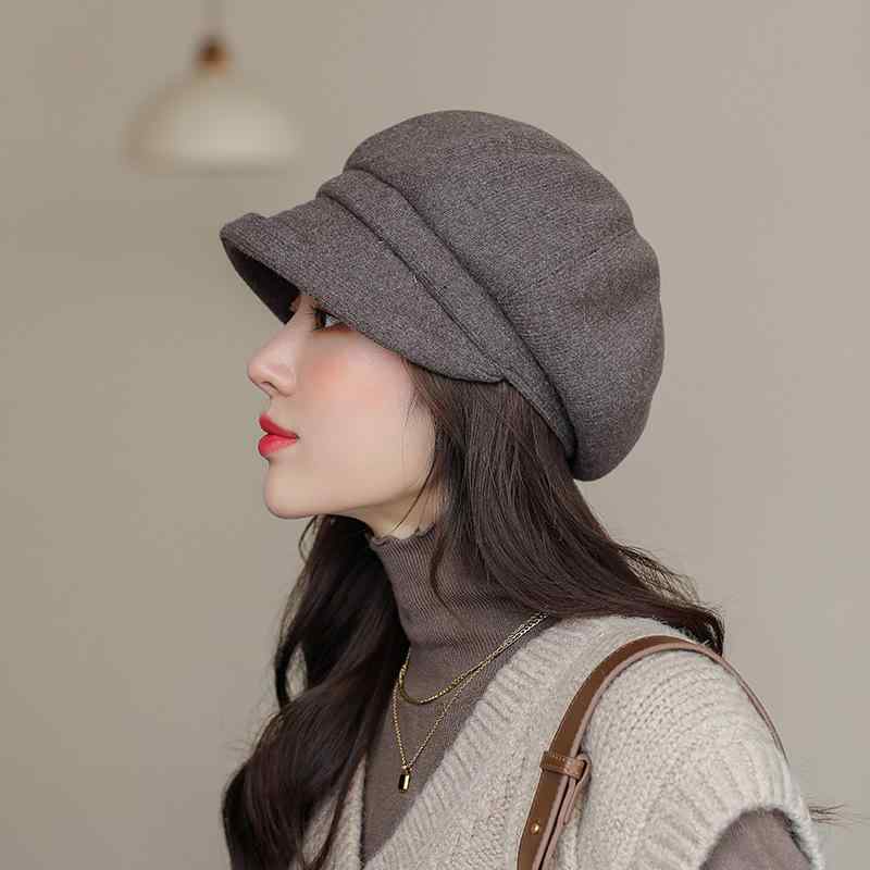 八角帽 女性用 秋冬 韓国風 トレンド ベレー帽 日系 ベーシック クラシカル スタイル サンハット ダックビルキャップ 優雅 画家帽 保暖 遮光 丸頂 短つば カーキ ブラック ピンク グレー ブラウン アイボリー ファッション 通勤 綿混 軽量