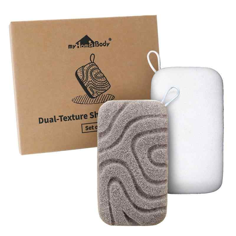 myHomeBody 2 in 1ボディ用スクラブボディースポンジ、体洗うスポンジ、ソフトとラフ2種類の素材、垢す..
