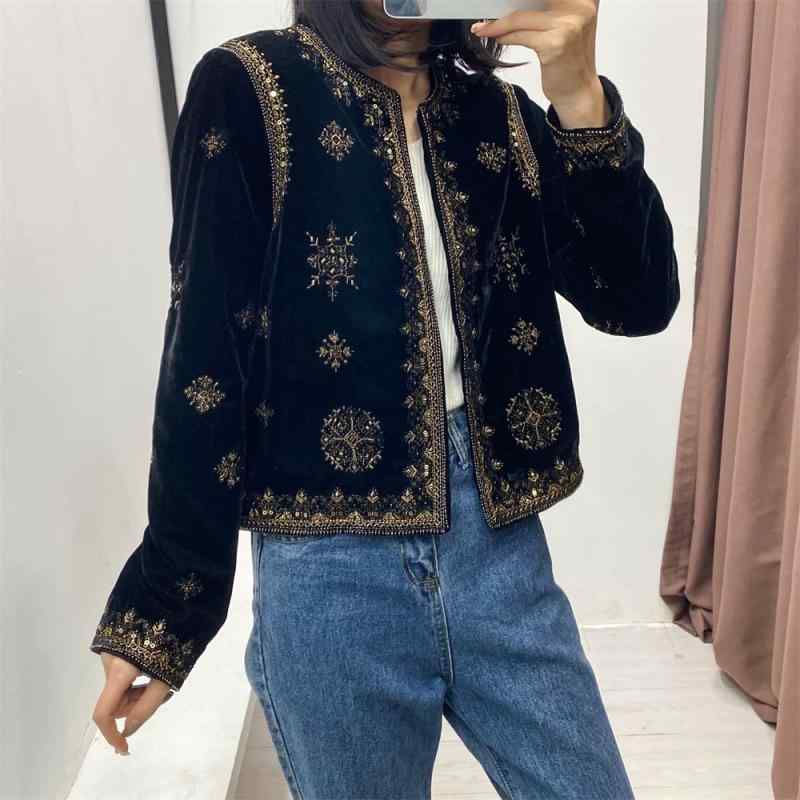 Custom-Made - レディース 長袖 開衫 外套 黒 印花 刺繍 復古 短丈 修身 ポリエステル 街頭 潮人 民族風 亮片 暗扣 無領 春季