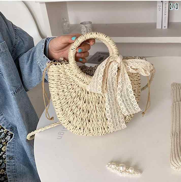 ハンドメイド 編み込み 女性用 トートバッグ レース 蝶結び ショルダーバッグ 手提げバッグ 夏 ビーチバッグ 草編み 新月型 中型 横型 方形 ステレオポケット ミディアムソフト シングルショルダー ベージュ ブラウン レース 編み込み 蝶結び ポワー