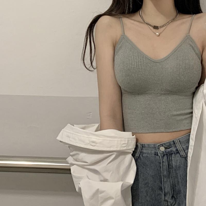 キャミソール 女性用 修身 吊り帯 背中美 ショート丈 胸パッド付き 綿素材 接触冷感 グレー ブラック 純色 通勤用 普段使い 軽量 伸縮性 夏 春夏 トップス インナー インナーウェア