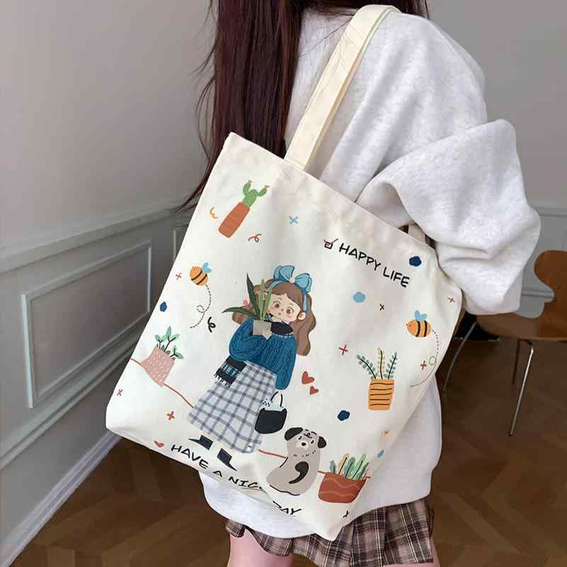 トートバッグ 女性用 帆布 大容量 肩掛け 学生 通学 補習 日常使い プリント柄 森ガール ブラウンベア フラワーラビット サングラスラビット ロリータ スケボータイガー パイナップルガール トラベルラビット ヘアピンガール ハッピーキャット トラベル