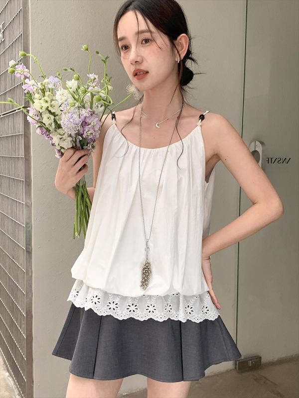 キャミソール 女性用 夏 春夏 接触冷感 コットン 95% 無袖 吊り帯 肩紐 単根式 収腰 普通丈 50-65cm レース 花辺 韓国風 日韓カジュア..