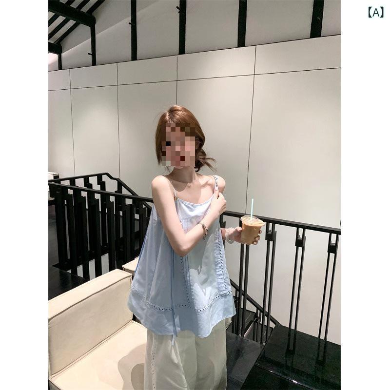Other - レディース 吊り紐 キャミソール 切り替え レース ブルー 夏 トップス かわいい ゆったり スリム 韓国風 軽量 微弾性 接触冷感 私服 普通丈 肩紐 取り外し可能 ハイネック コットン混 吸湿速乾 通勤 普段使い ゆったりシルエット Vネック アイボ