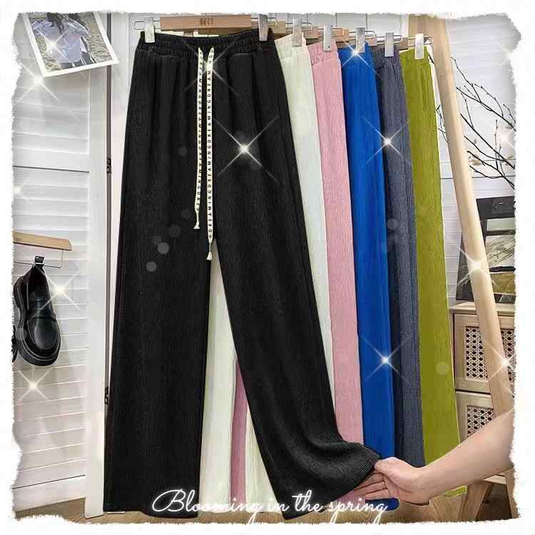 レディース 秋冬 ワイドパンツ 綿 高腰 ロング丈 ストレート 垂れ感 顯瘦 デザイン 抽绳 字母 プリント 快適 伸縮性 日韓 スタイル カジュアル 普段使い ミルクホワイト クライン ブルー 桜花 ピンク ブラック モスタード イエロー ディープ グ