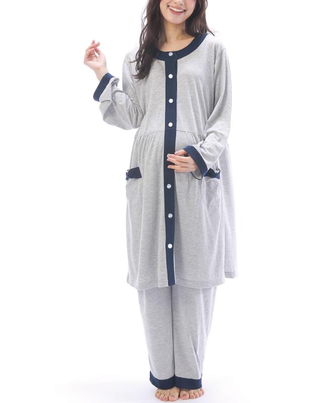 [ON NISHIKI] マタニティ パジャマ 長袖 前開き 上下セット 綿混 天竺ニット素材 ロング丈 ウエスト調整パンツ 授乳服 マタニティウェア