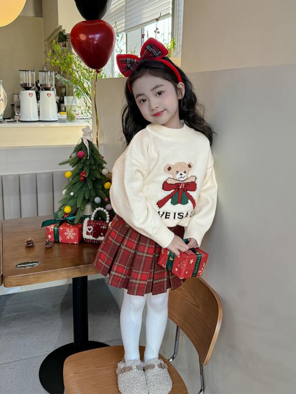 キッズ 女の子 秋冬 セットアップ かわいい 毛衣 トップス 長袖 ニット スカート 長パン セット 化繊混紡 柔らかい 生地 普通厚み プリント 柄 ベージュ 赤 チェック プリーツ スカート 3〜8歳 100〜140cm 冬用 暖か コーデ 日常使い