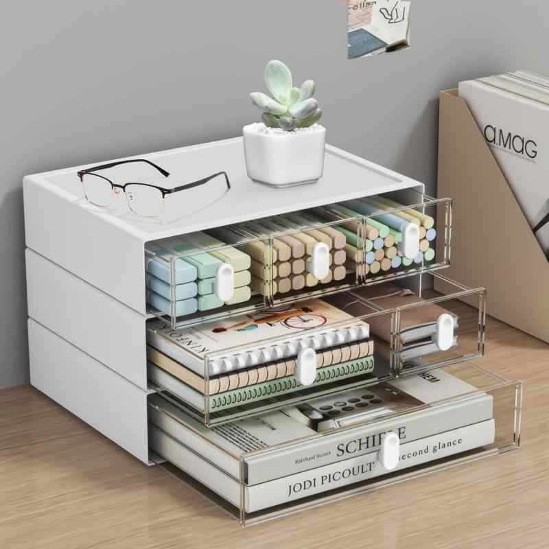 Aissiora デスク収納ボックス 自由に組み合わせ可能 小物入れ 卓上収納ケース 引き出し式 透明 組立不要 ストレージ 化粧品 収納ケース 文房具 デスク収納 書類収納 (白3個セット)