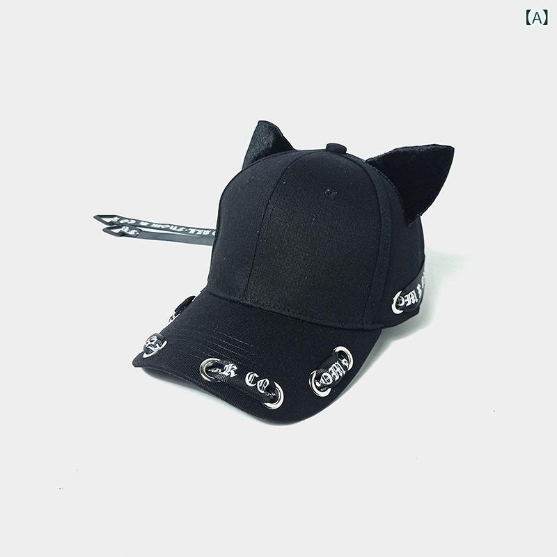 Cap - キャップ 女性用 猫耳 野球帽 長リボン 秋冬 通年 かわいい 韓国風 ヒップホップ 学生向け 百搭 綿素材 調整可能 丸頂 曲檐 防晒 透気 遮陽 黒 白 幾何学柄 清新 甘美 手作り