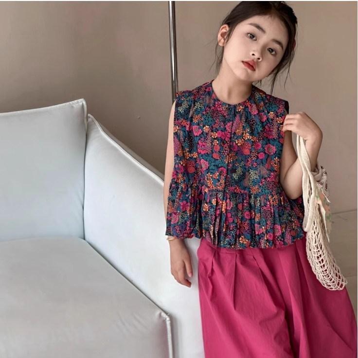 Rakuten - 女児服 子供服 女の子 夏服 無袖 2点セット 花柄 コットン 半袖 七分丈パンツ かわいい セットアップ 日常使い 軽量 吸湿速乾 3-8歳 中小児 トップス ボトムス