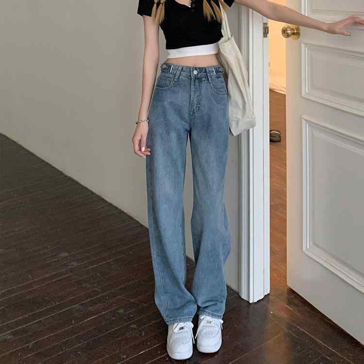 デニムパンツ 女性用 春夏 高腰 ストレート ワイドレッグ ロング 牛仔素材 コットン 混紡 スリム効果 ゆったりシルエット 洗い加工 ジ..