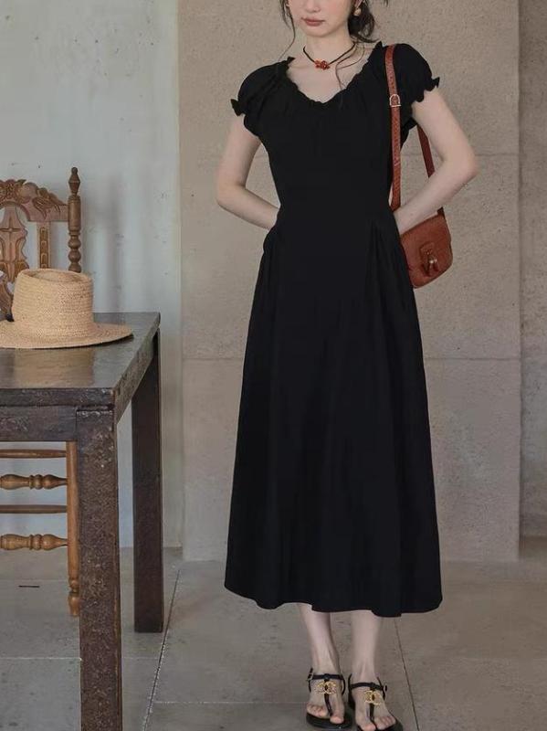 ワンピース レディース 夏 春夏 仲夏青柠茶 韓国風 花辺 かわいい 収腰 スリム ボディカバー Vネック 基本款 A字 中長丈 花弁短袖 高腰 切り替え セットオン 涼しい 通勤気質 シンプル 快適 綿ポリエステル 三醋酸 再生繊維 ストレッチ 黒 ラ