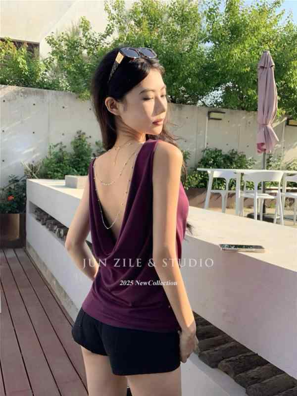 Other - キャミソール 女性用 夏 トップス 無袖 Tシャツ 吊り下げ 肩紐 スタイル 紫色 白色 綿 素材 微弾性 軽量 通気性 露背 デザイン 取り外し可能 チェーン アクセサリー 気質 優雅 セクシー 私服 普段使い 50-65cm 丈 普通 シルエット