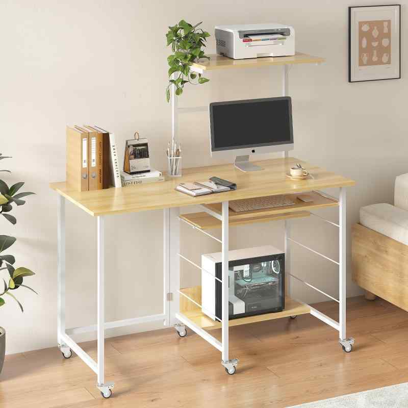 LVB パソコンデスク コンパクト 折りたたみデスク 収納棚付き キャスター付き テーブル ミシン台 テレワーク向け 省スペース 学習机 ワークデスク オーク 幅120×奥行55×高さ75cm【折りたたみデスク】 使わない時はスリムに折りた...