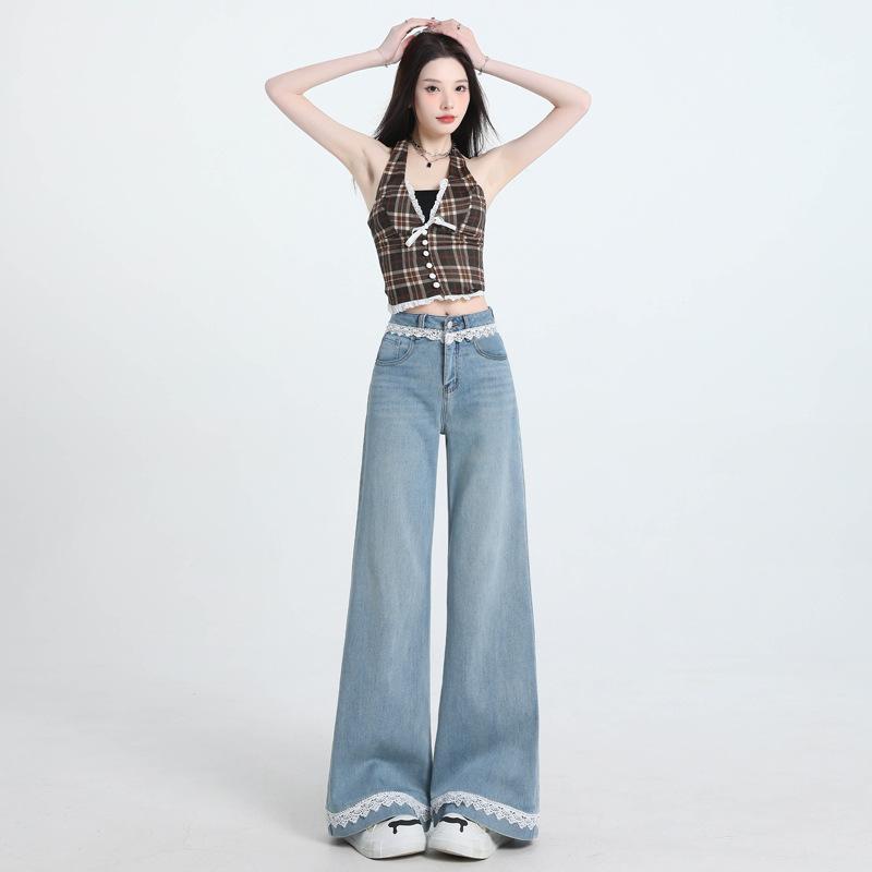 樂天商城 - 牛仔パンツ 女性用 マイクロフレア ハイウエスト ライトブルー コットン ポリエステル 伸縮性 レース 花柄 切り替え 韓国風 カジュアル 普段使い 軽量 通勤 夏 春夏 ビッグシルエット ロング丈 中厚