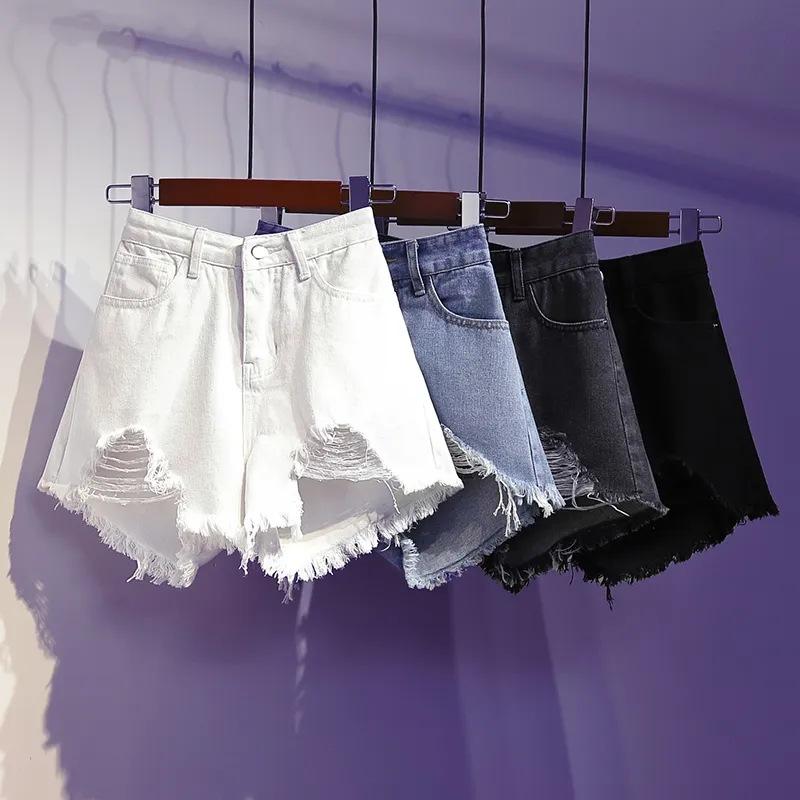 ショートパンツ レディース デニム 夏用 春夏 女性用 韓国風 大きめサイズ プラスサイズ 破れ加工 毛羽立ち フリンジ ハイウエスト Aラ..