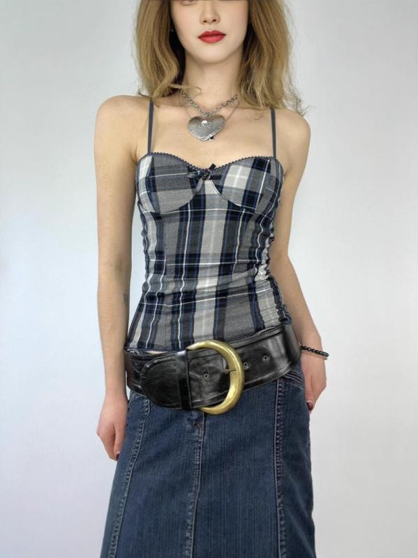 レディース 秋 トップス 吊り紐 背中開き キャミソール 修身 フィット セクシー かわいい 復古 格子柄 切り替え ピンク系 ブルー ポリエステル 伸縮性 短丈 ストリート ファッション 個性 普段使い 軽量