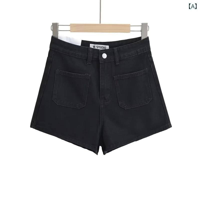 フォークBRのショートパンツ 女性用 夏 高腰 デニム コットン 綿 スパンデックス ストレッチ 洗い加工 ビンテージ 風合い Aライン シルエット ブラック 深青 ライトブルー ブラウン 韓国風 カジュアル 日常使い 軽量 中厚 マイクロストレッチ 樹脂染色 基本デ｜アングル2