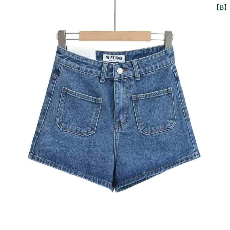フォークBRのショートパンツ 女性用 夏 高腰 デニム コットン 綿 スパンデックス ストレッチ 洗い加工 ビンテージ 風合い Aライン シルエット ブラック 深青 ライトブルー ブラウン 韓国風 カジュアル 日常使い 軽量 中厚 マイクロストレッチ 樹脂染色 基本デ｜アングル3