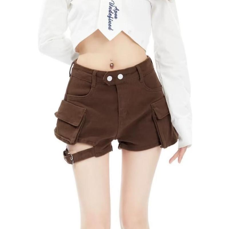 Cropped Pants - ホットパンツ 女性用 夏用 直筒 ワイドレッグ ショートパンツ 弾力 デニム ハイウエスト スリム効果 コットン 中厚 微弾力 ポケット 免燙加工 個性 ストリート セクシー 私服 ブラウン